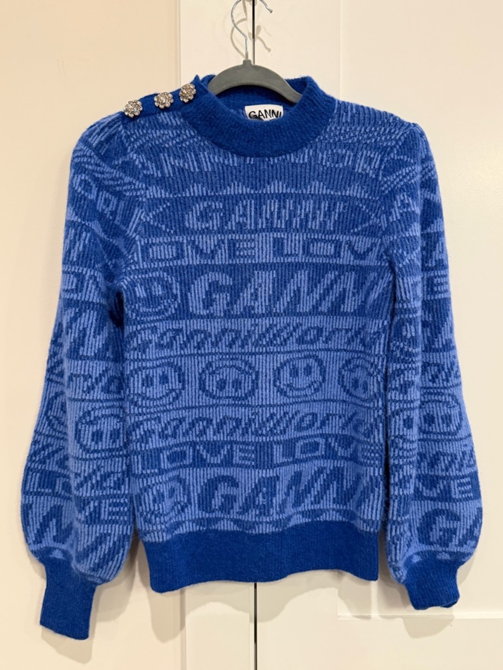 GANNI Alpaca and Merino Wool Jaquard Logo Button Sweater in Blue NWT's Sz Small - Picture 8 of 17